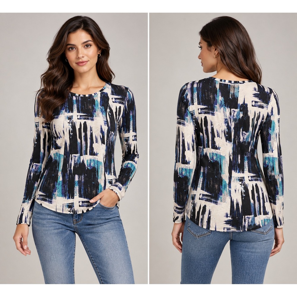 Simply Vera Vera Wang Top Women PS Blue NWT Abstract Long Sleeve Rayon